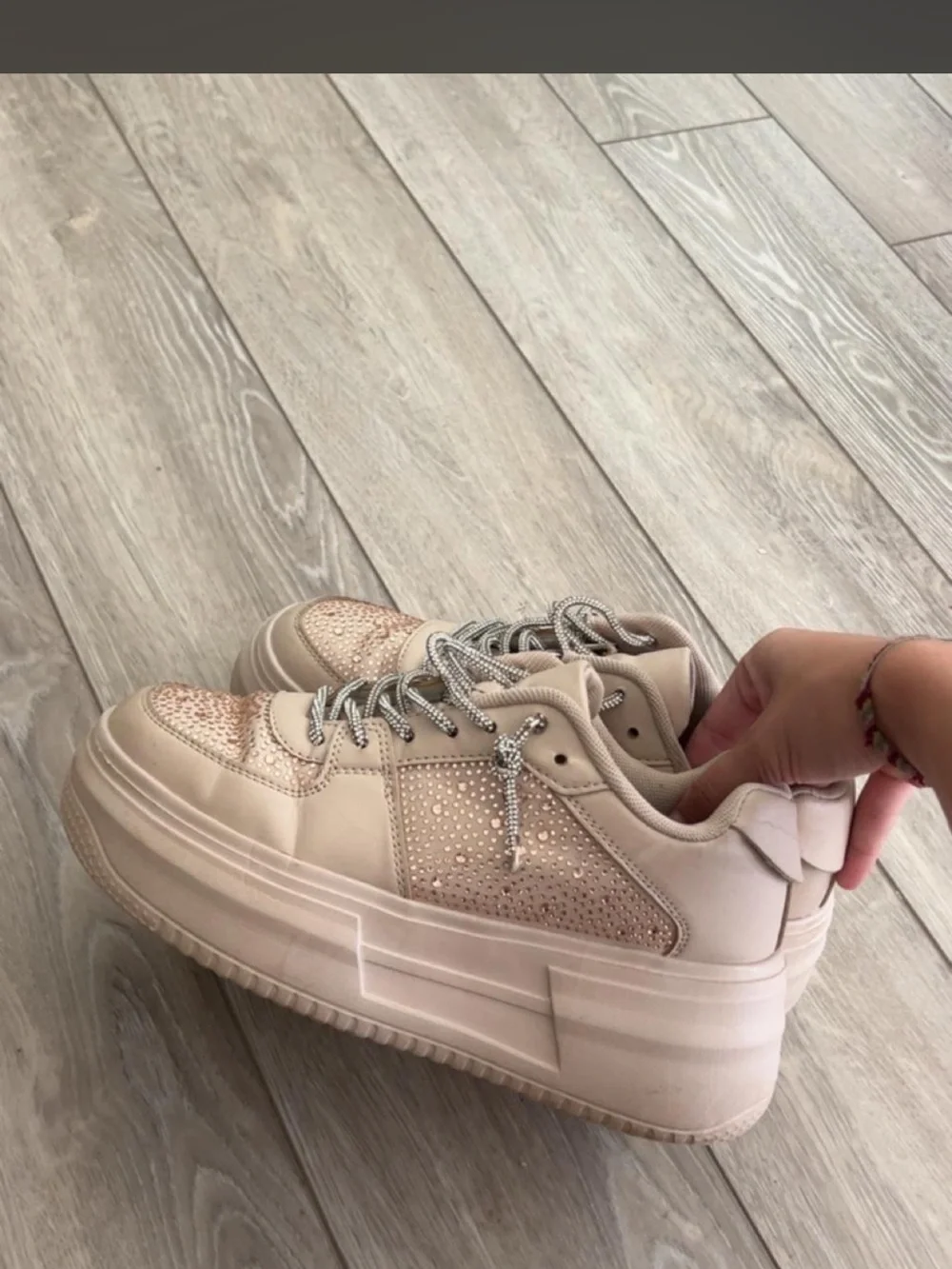 Chunky Platform Sneakers in Tan / Pale Pink with Silver Sparkle Accents